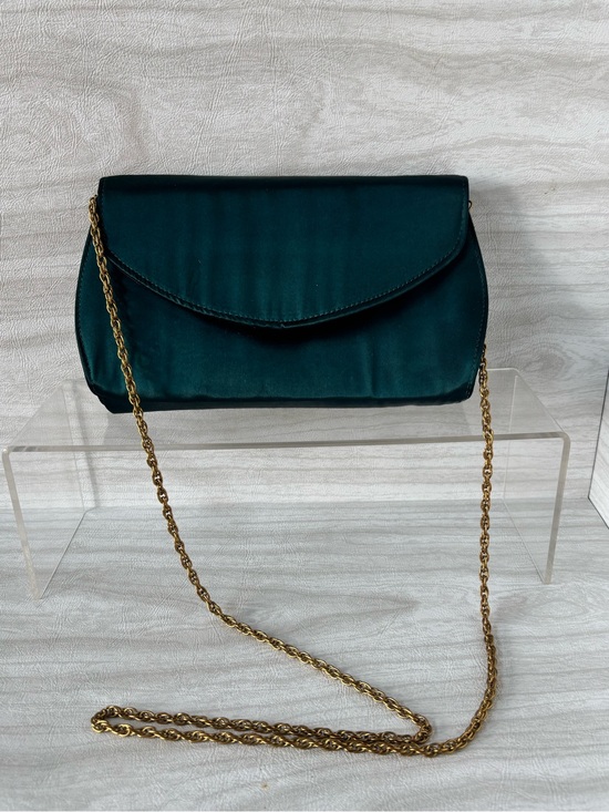 Vintage Handbags - Vintage Teal Satin Evening Clutch Purse Gold Chain Strap Formal Shoulder Bag